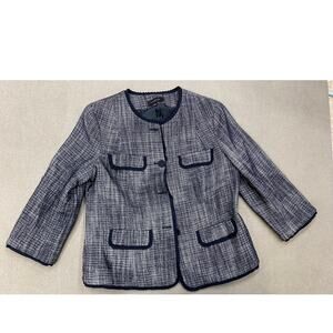 Talbots Tweed Navy Blue Jacket Ruffle Trim Detail, 14, NWOT